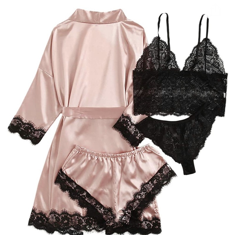 Lace-pininturahan satin pajamas 4-piraso set