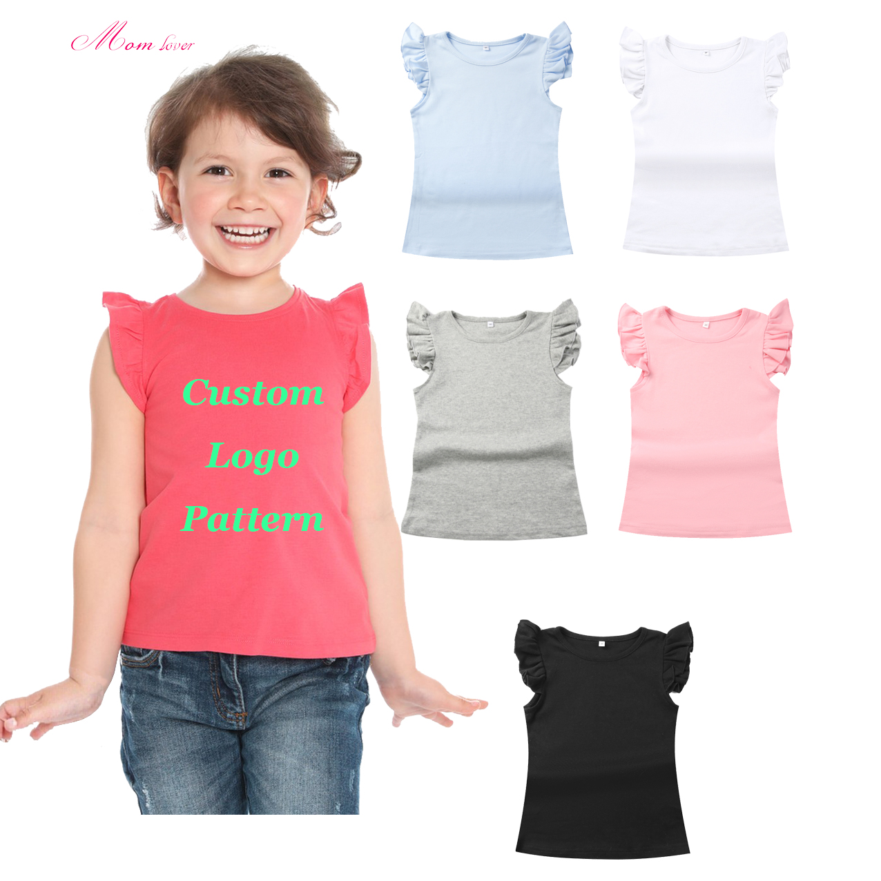 Ruffled cuff t-shirt blangko summer shirt maikling manggas t-shirt para sa mga batang babae